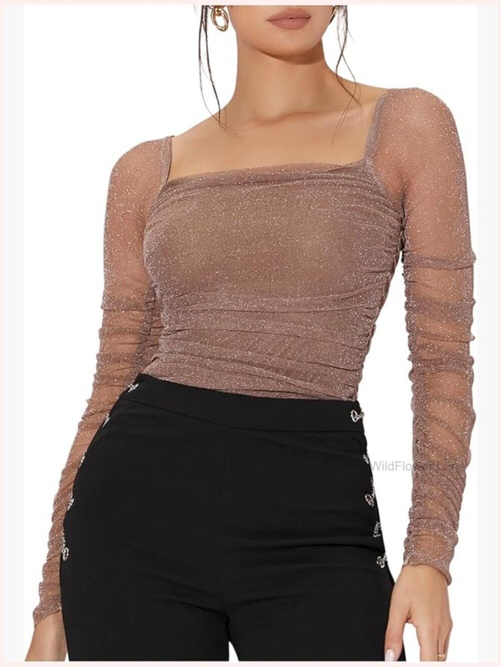 Long Sleeve Mesh Ruched Tee Square Neck Slim Fit Sparkly Party Top
